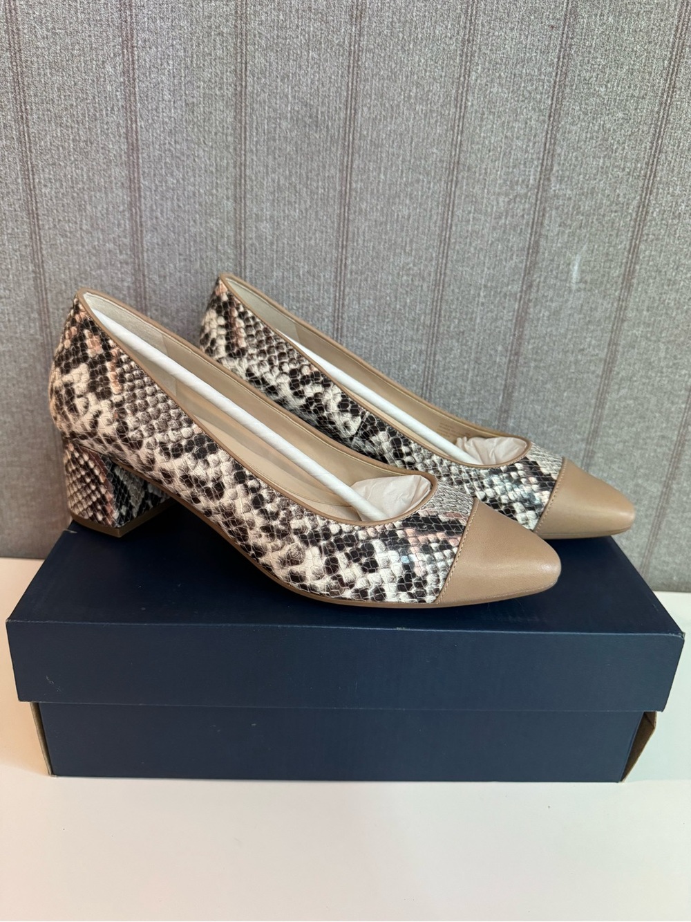 Cole Haan Snake-Print Block Heel Pumps with Taupe Cap Toe